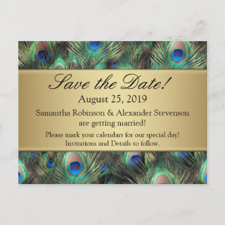 Golden Peacock Feather Background Save the Date Announcement Postcard