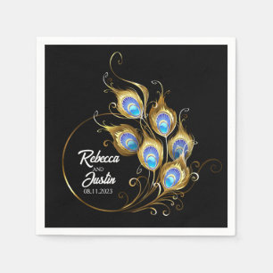 Golden Peacock Feather  Black Modern Boho Napkin