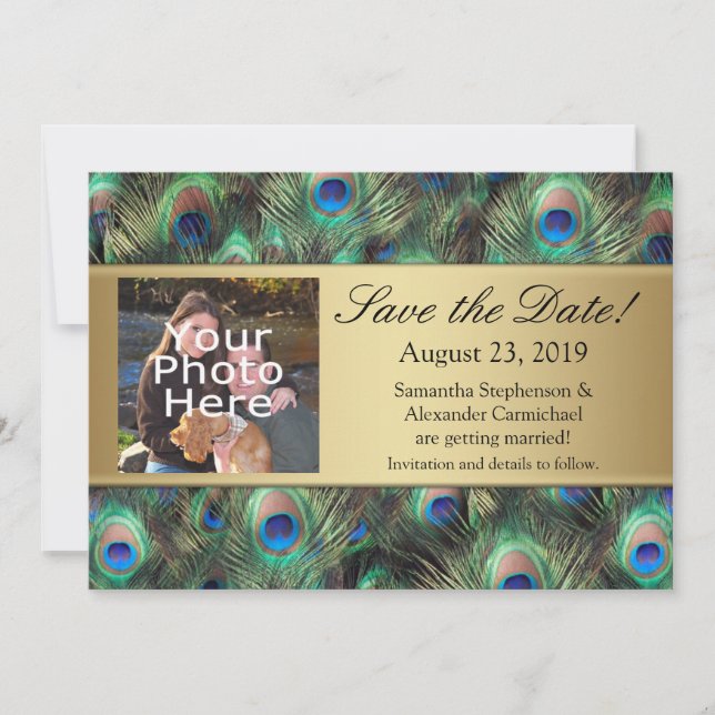 Golden Peacock Feather Photo Save the Date (Front)
