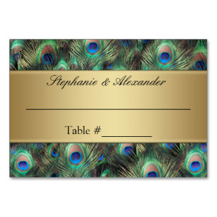 Golden Peacock Feather Table Place Name Cards