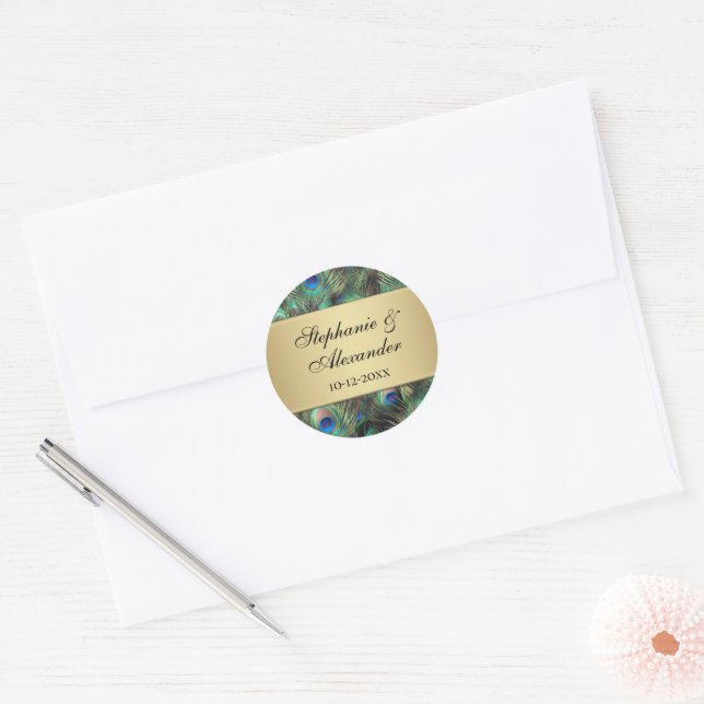 Golden Peacock Feather Wedding Classic Round Sticker (Envelope)