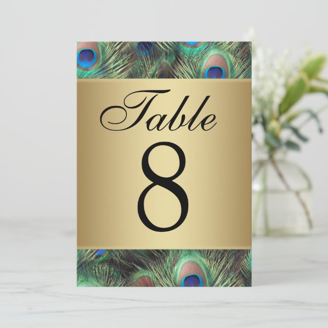 Golden Peacock Feather Wedding Table Number (Standing Front)