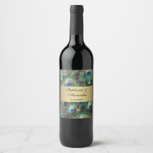 Golden Peacock Feather Wedding Wine Label