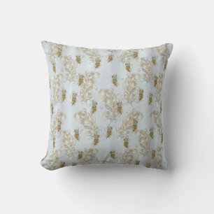 Golden Peacock Feathers and Leaves Cushion