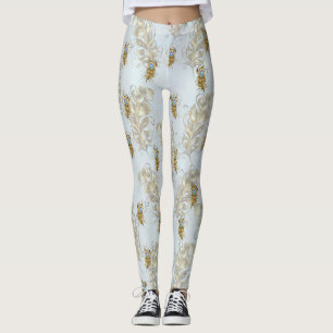 Golden Peacock Feathers and Leaves Leggings