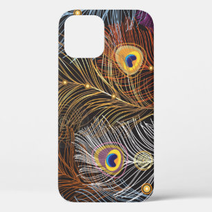 Golden peacock feathers: dark pattern. iPhone 12 case