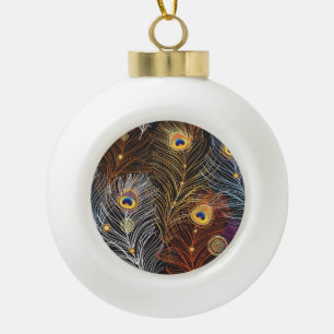Golden peacock feathers: dark pattern. ceramic ball christmas ornament