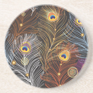 Golden peacock feathers: dark pattern. coaster