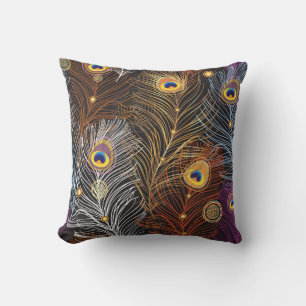 Golden peacock feathers: dark pattern. cushion