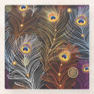 Golden peacock feathers: dark pattern. glass coaster