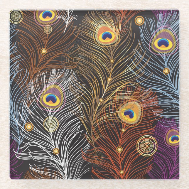 Golden peacock feathers: dark pattern. glass coaster (Front)