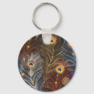 Golden peacock feathers: dark pattern. key ring