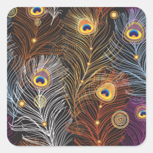 Golden peacock feathers: dark pattern. square sticker