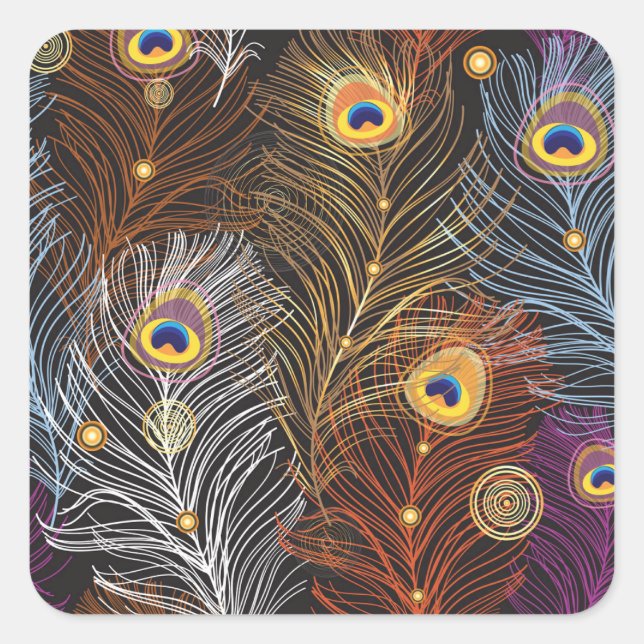 Golden peacock feathers: dark pattern. square sticker (Front)