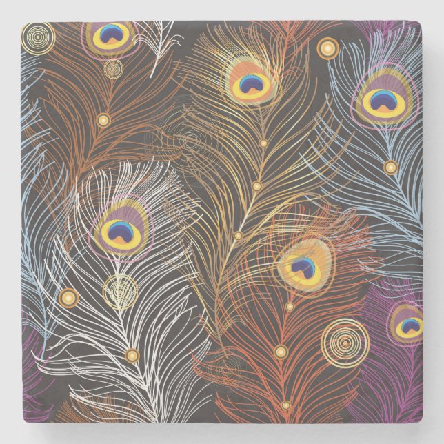 Golden peacock feathers: dark pattern. stone coaster (Front)