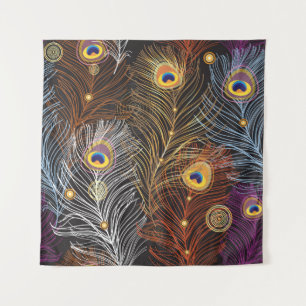 Golden peacock feathers: dark pattern. tapestry