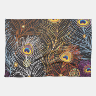 Golden peacock feathers: dark pattern. tea towel