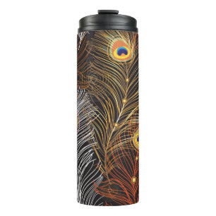 Golden peacock feathers: dark pattern. thermal tumbler