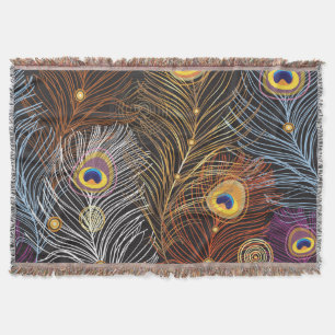 Golden peacock feathers: dark pattern. throw blanket
