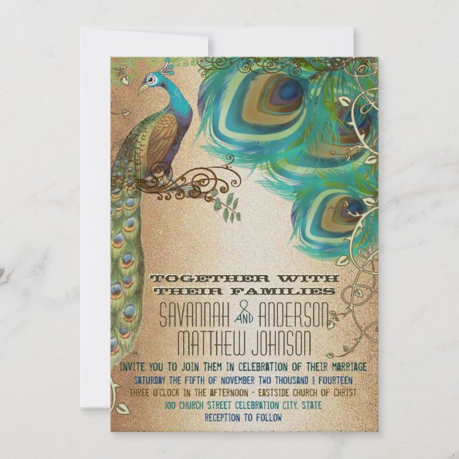 Golden Peacock Feathers Invitation (Front)