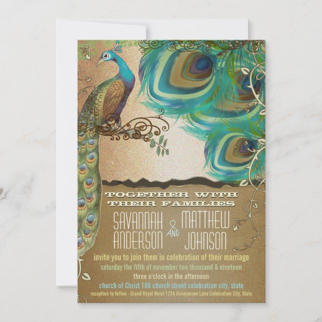 Golden Peacock Feathers Invitation (Front)
