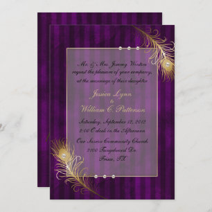 Golden Peacock Feathers & Pearls Wedding Invitation