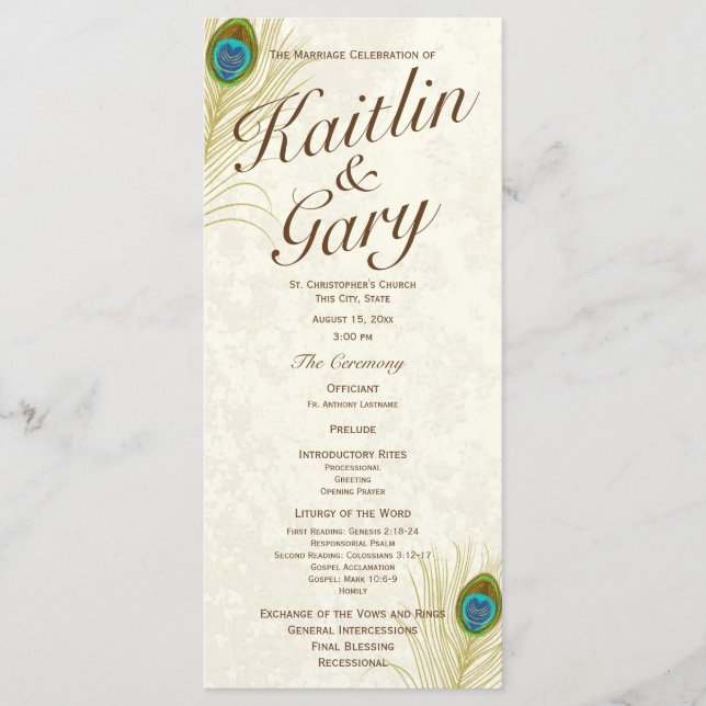 Golden Peacock Feathers Wedding Program (Front)