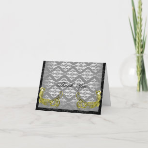 Golden Peacock Illustration on Damask Thank You Card