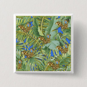 Golden Peacock Leaves on Cerulean Blue 15 Cm Square Badge