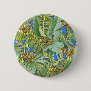 Golden Peacock Leaves on Cerulean Blue  6 Cm Round Badge