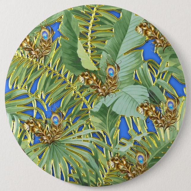 Golden Peacock Leaves on Cerulean Blue 6 Cm Round Badge (Front)