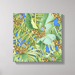 Golden Peacock Leaves on Cerulean Blue Canvas Print