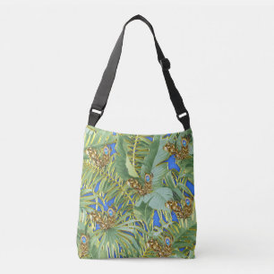 Golden Peacock Leaves on Cerulean Blue Crossbody Bag