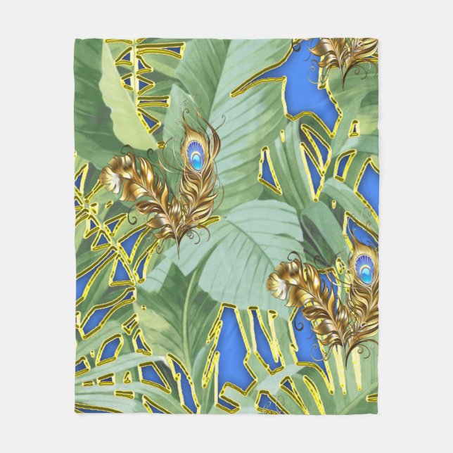 Golden Peacock Leaves on Cerulean Blue  Fleece Blanket (Front)