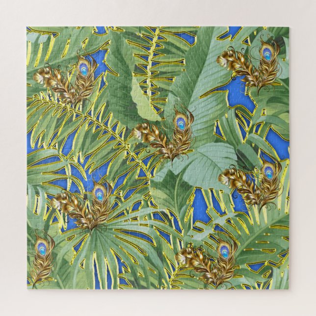 Golden Peacock Leaves on Cerulean Blue Jigsaw Puzzle (Vertical)