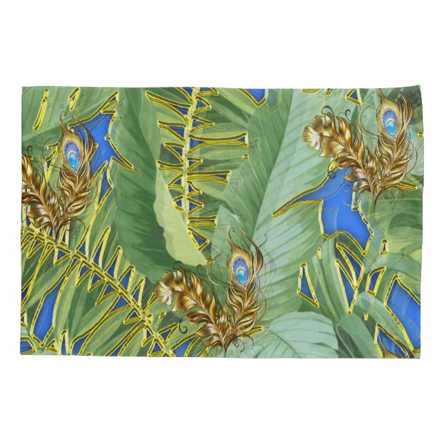 Golden Peacock Leaves on Cerulean Blue Pillowcase (Back)