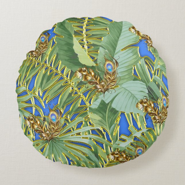 Golden Peacock Leaves on Cerulean Blue Round Cushion (Front)