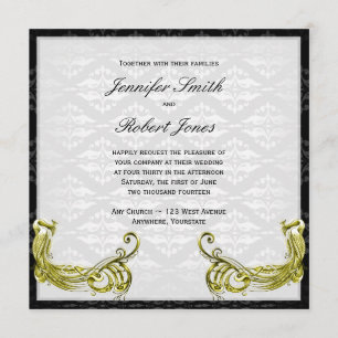 Golden Peacock on Damask Wedding Invitation