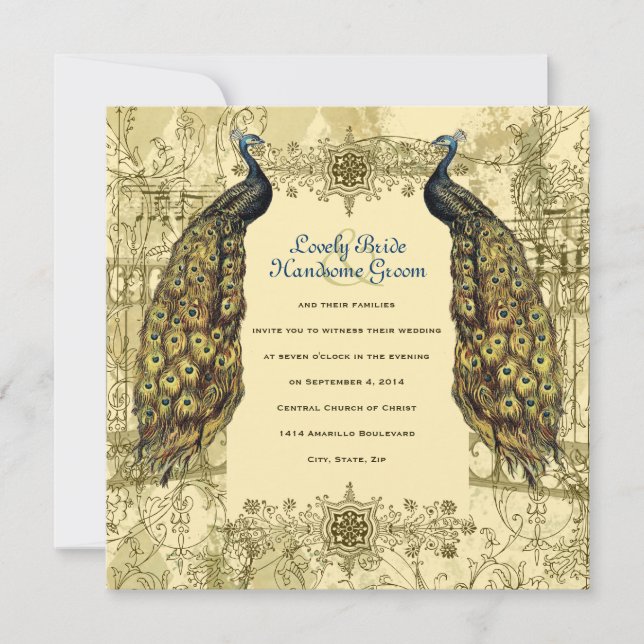 Golden Peacock Ornate Vintage Wedding Invitation (Front)