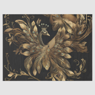 Golden Peacock With Blue Feathers on Black Tissue Paper