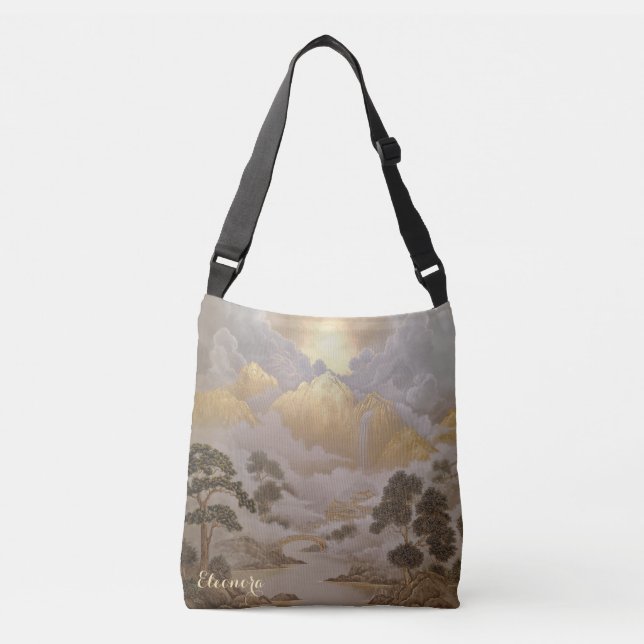 Golden Peaks and Pine Trees Japanese Mountain Land Crossbody Bag (Front)