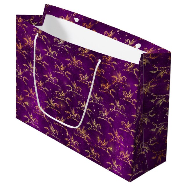 Golden Pegasus Sparkle Pattern on Regal Purple Large Gift Bag (Front Angled)