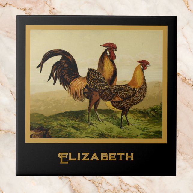 Golden Penciled Hamburg Roosters Black Monogram Ceramic Tile (Creator Uploaded)