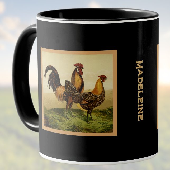 Golden Penciled Hamburg Roosters Black Monogram Mug (Creator Uploaded)