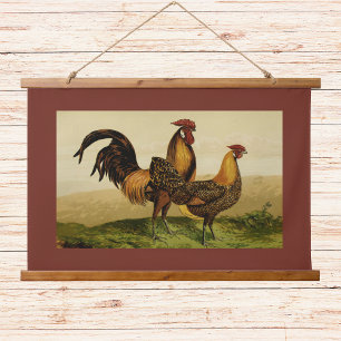 Golden Penciled Hamburg Roosters Hens on Farm Red Hanging Tapestry