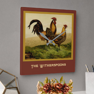 Golden Penciled Hamburg Roosters Hens on Farm Square Wall Clock