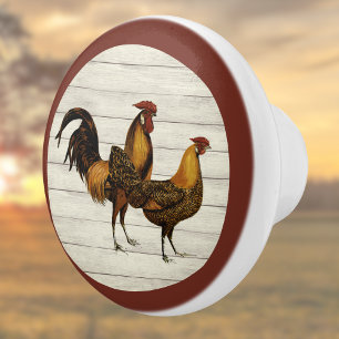 Golden Penciled Hamburg Roosters Maroon Farmhouse Ceramic Knob