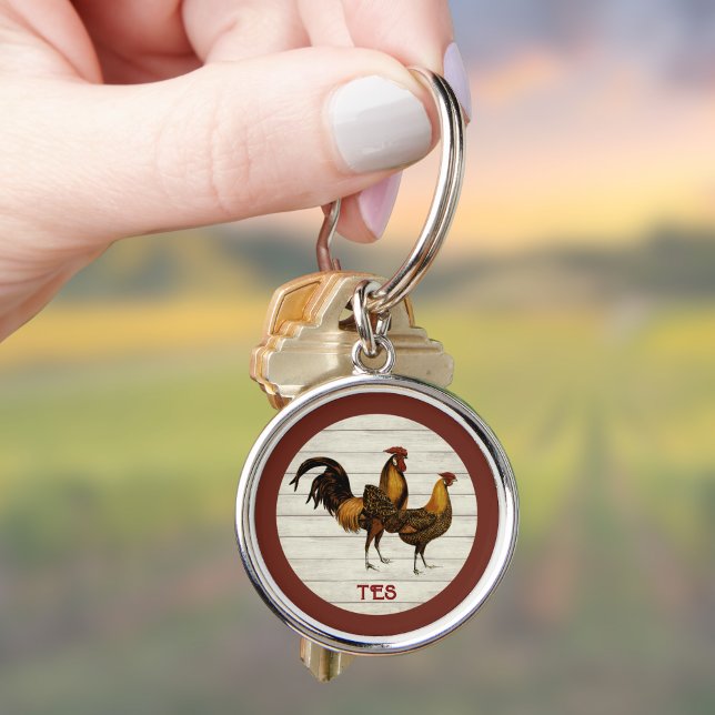Golden Penciled Hamburg Roosters Maroon Monogram  Key Ring (Creator Uploaded)