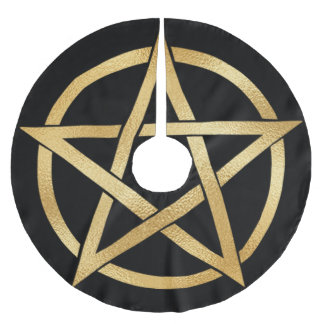 Golden Pentagram on Black Brushed Polyester Tree Skirt