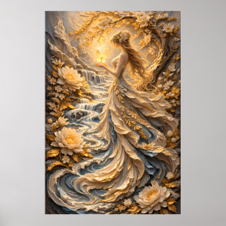 Golden Peony Floral Goddess Fantasy Flower Woman A Poster